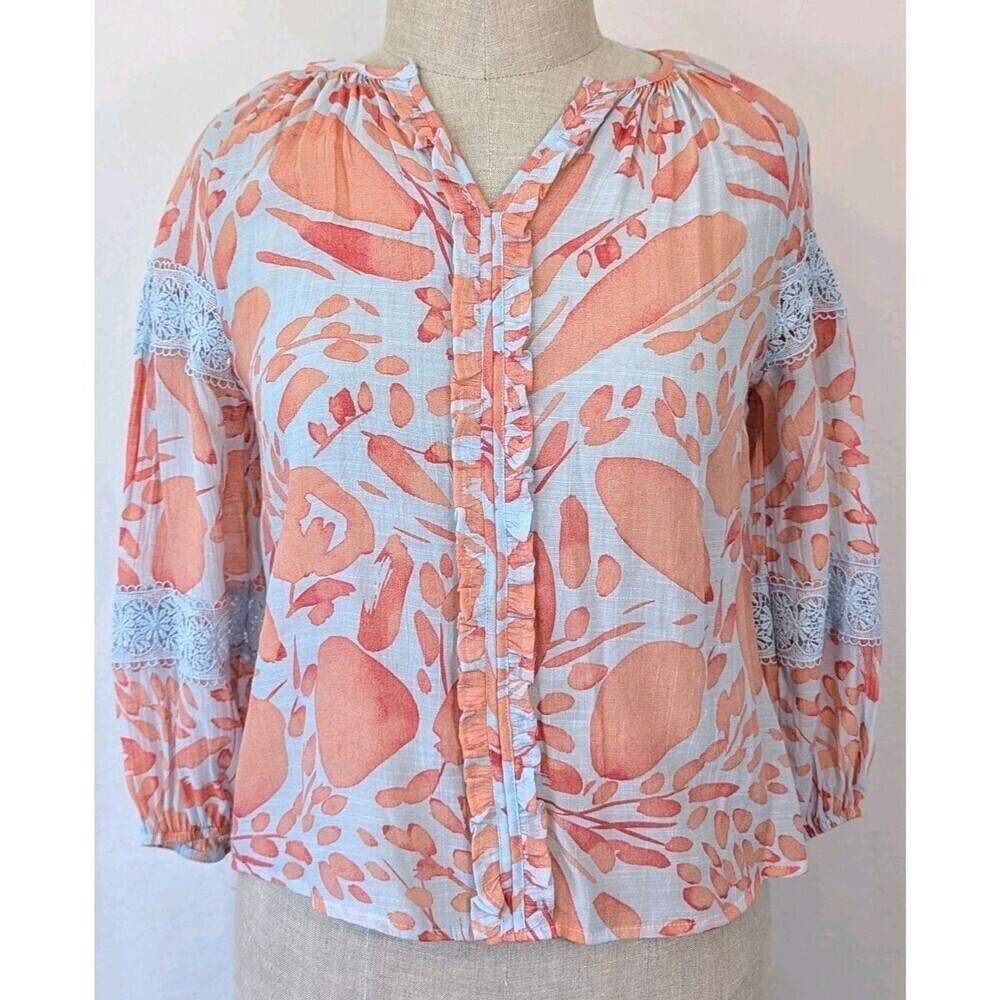 NWT Sharagano Petite M Floral Lace Sleeve Blouse Blue Orange Rayon Blend